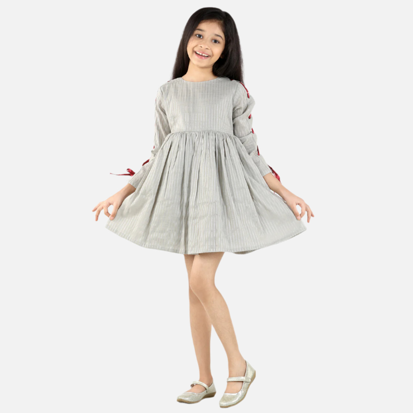 Gray Full Sleeve Stripes Print Party Dress