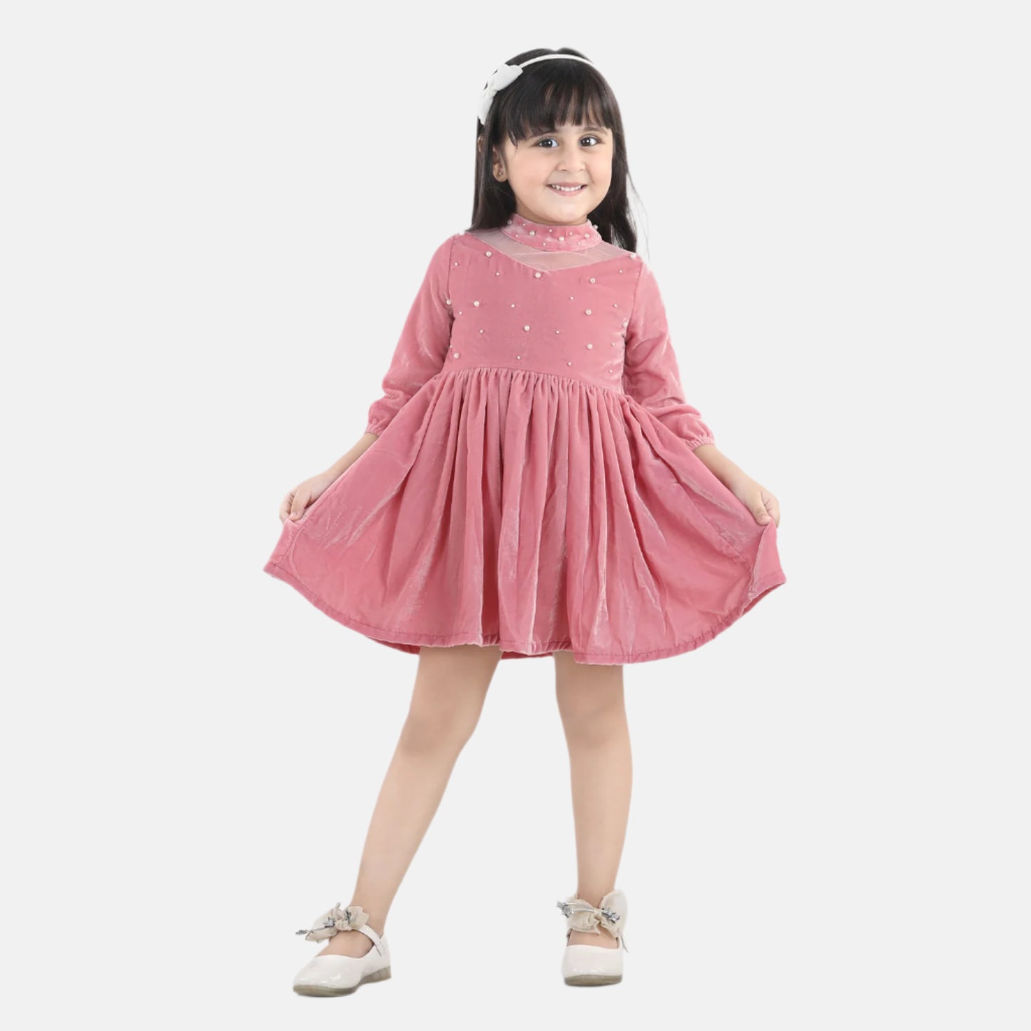 Pink Full Sleeve Solid Party Dress
