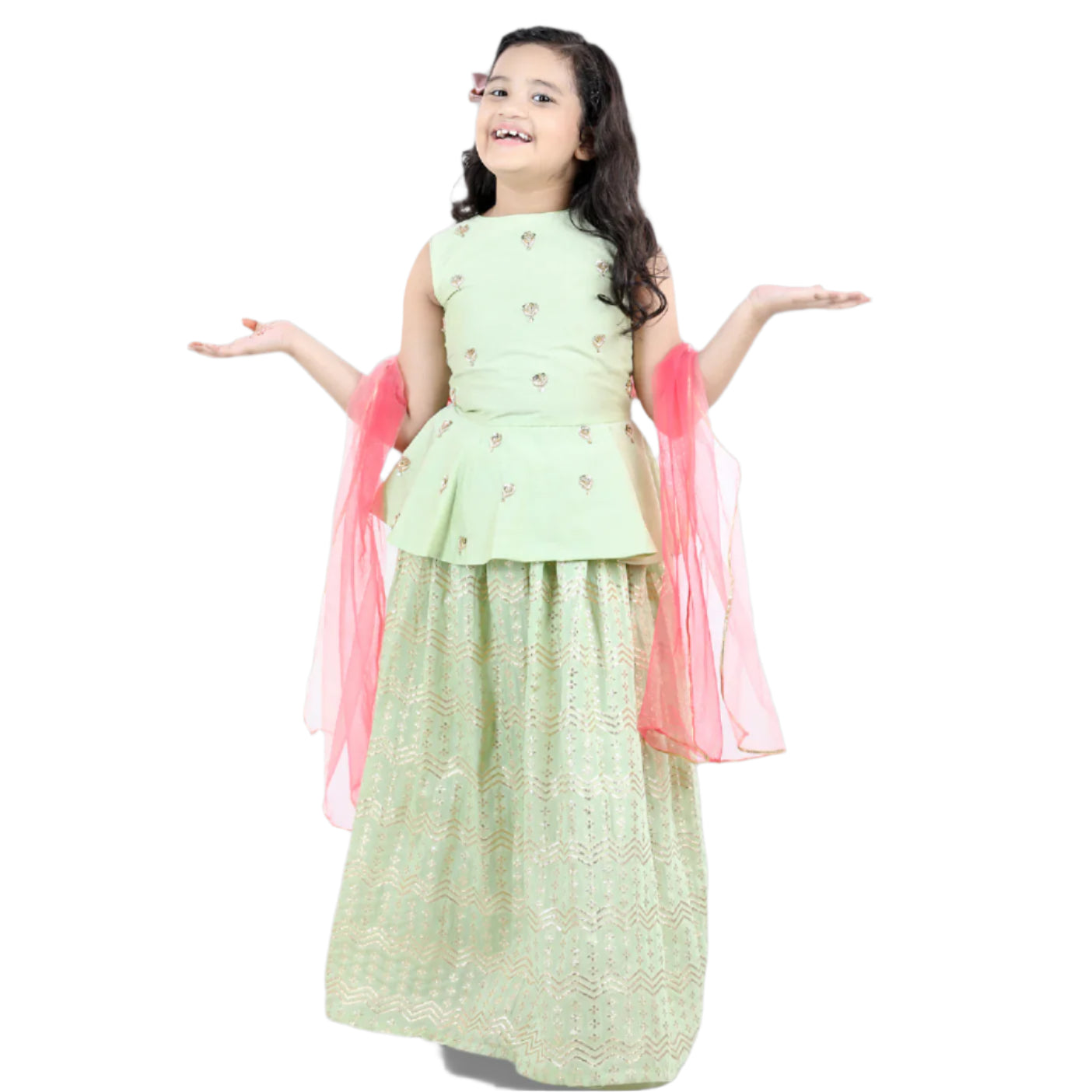 Sea Green Peplum Top and Zari Skirt Dupatta Set
