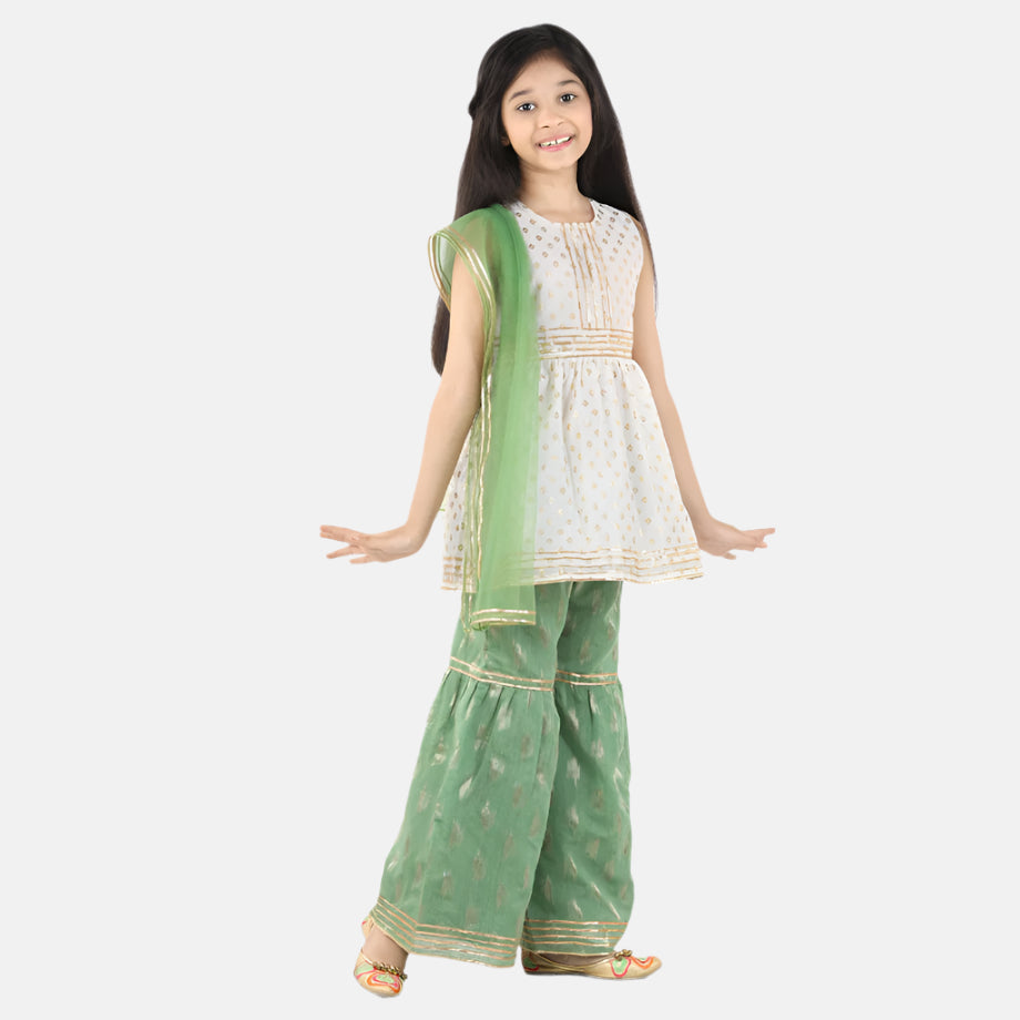 Girls White Ethnic Print Sharara Set