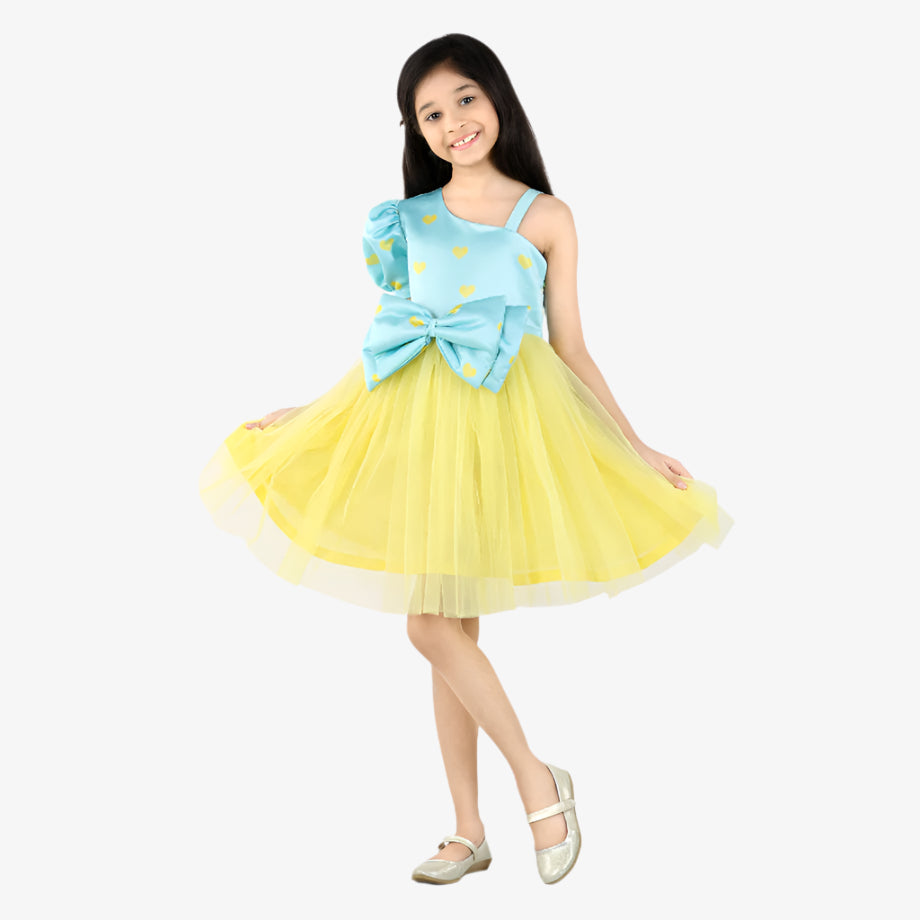 Blue Short Sleeve Heart Printed Party Dress