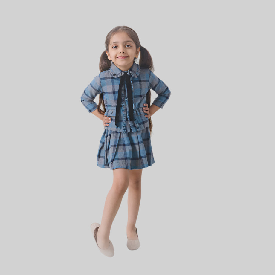 Grey Checks Blazer style Top and Skirt Set
