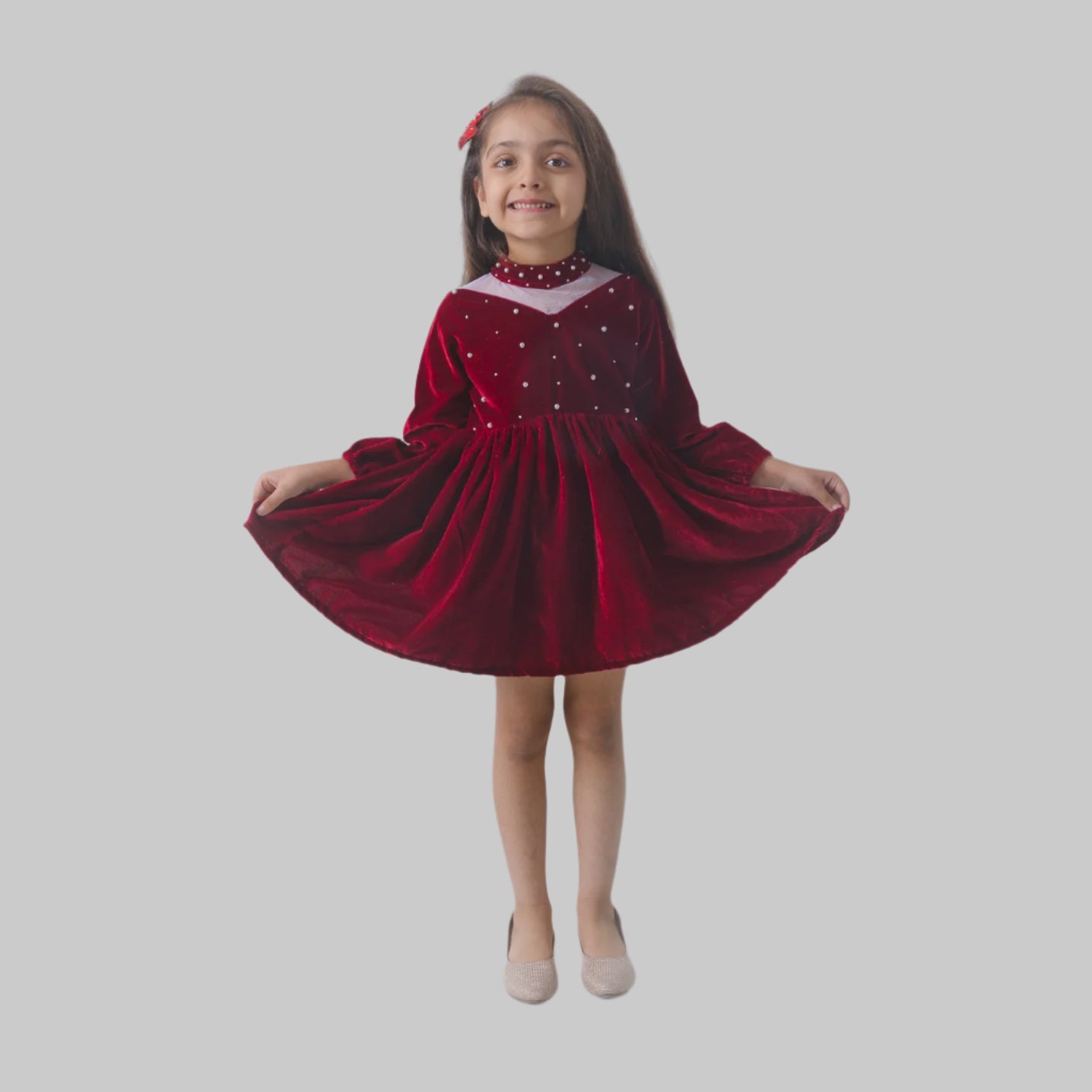 Marron Velvet Party Dress with Embellished Pearls