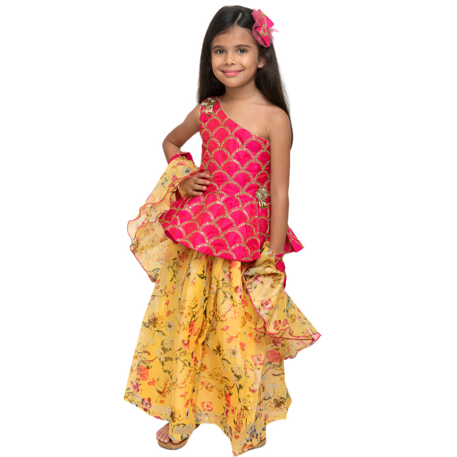 One Shoulder Floral Lehenga Choli Set With Dupatta
