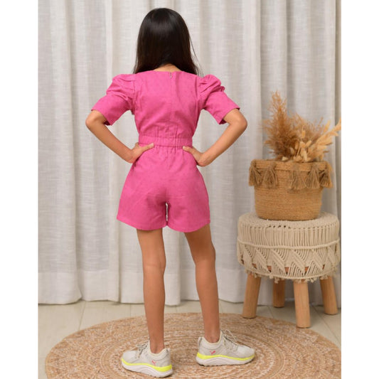 Pink Cotton Puff Sleeves Jumpsuit