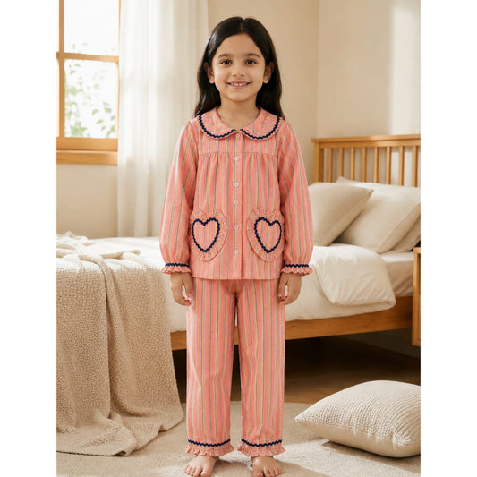 Peach sripes Full sleeves Mom Twinning Cotton Nigh Suit