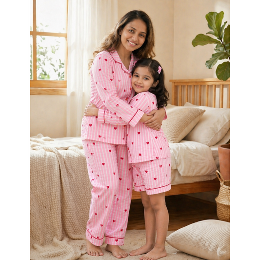 Pink Stripes Heart Print Mom Twinning Cotton Night Suit