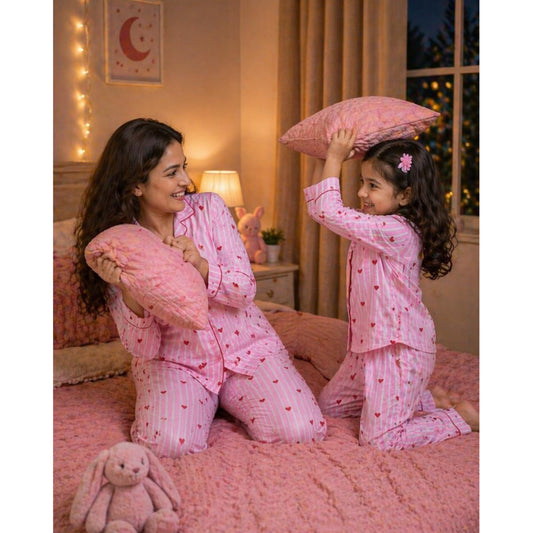 Pink Stripes with Heart Night Suit in Cotton With Pant