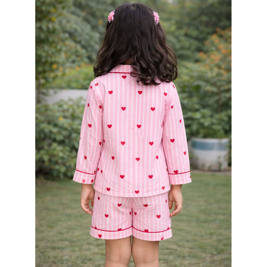 Pink Stripes with Heart Night Suit in Cotton