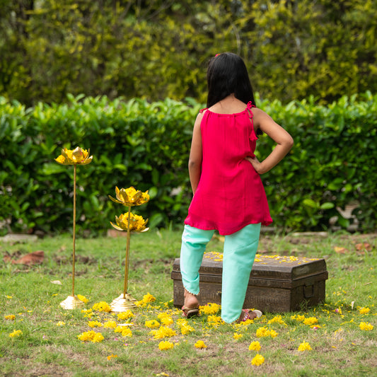 Drawstring Pink Kurta and Green Dhoti Set