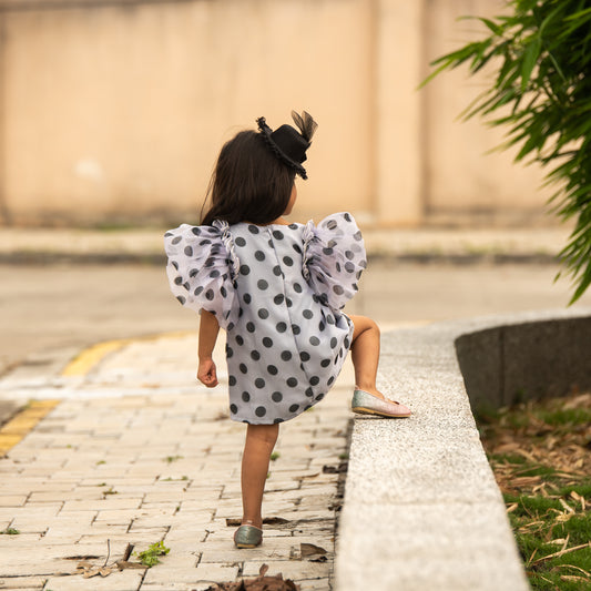 Polka Dot Puffed Sleeves Gray Dress