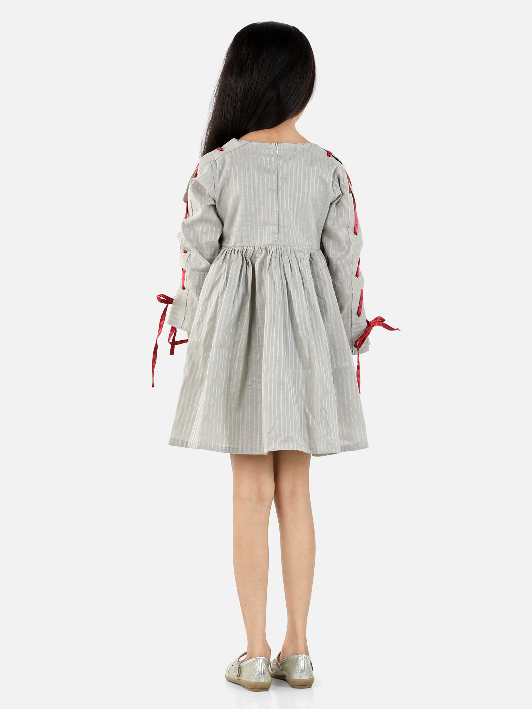 Gray Full Sleeve Stripes Print Party Dress