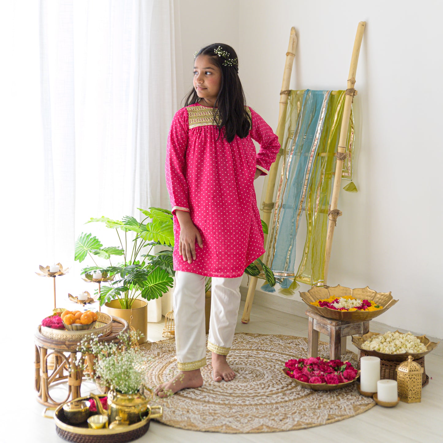 Pink Bandhej Kurta with Cream Pants