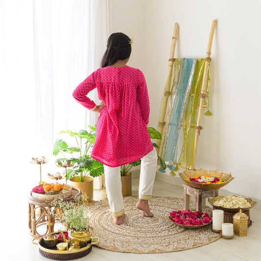Pink Bandhej Kurta with Cream Pants