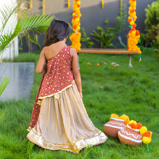Maroon Bandej Top With Golden Skirt