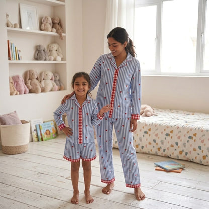 Blue Stripes Heart Print Mom Twinning Cotton Night Suit