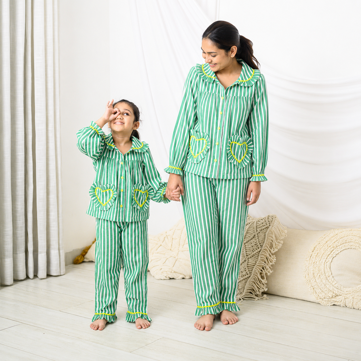 Green Stripes Mom Twinning Cotton Night Suit with Pants