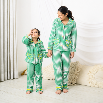 Green Stripes Mom Twinning Cotton Night Suit with Pants