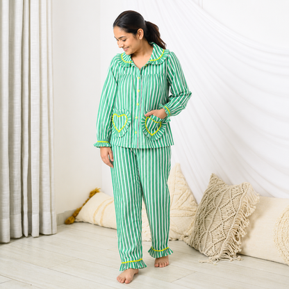Green Stripes Mom Twinning Cotton Night Suit with Pants