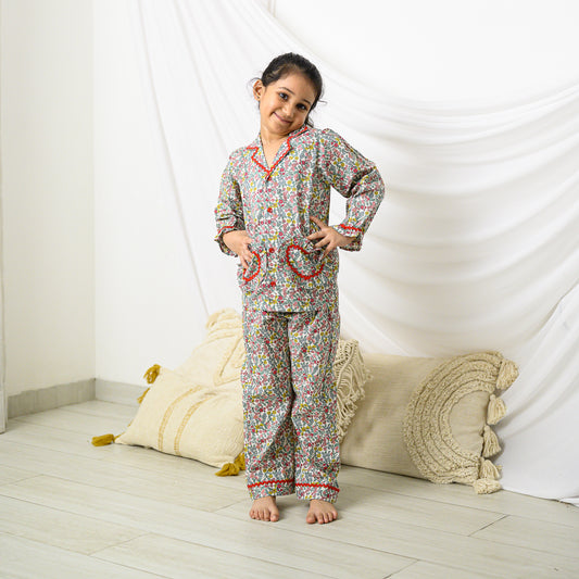 Multi Color Floral Night Suit With Pants