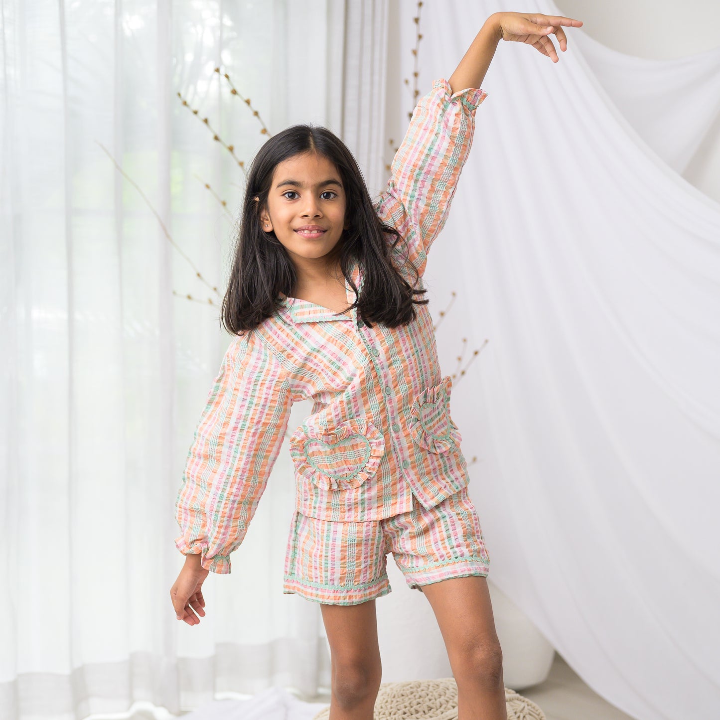 Multi Color plaid Night Suit with Green Lace