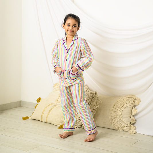 Colorful Stripes Night Dress With Pants