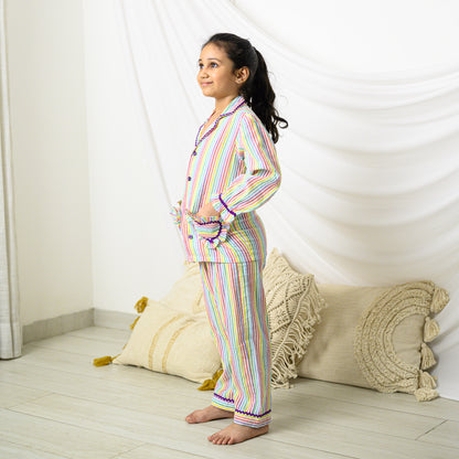 Colorful Stripes Night Dress With Pants