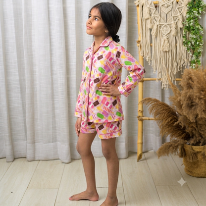 Pink Ice Cream Print Mom Twinning Cotton Night Suit Cotton Night Suit