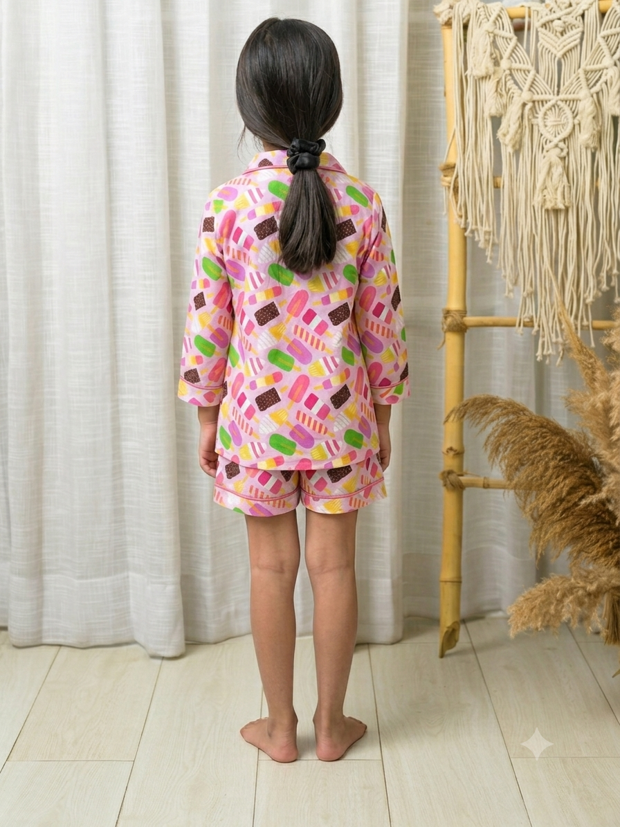 Pink Ice Cream Print Mom Twinning Cotton Night Suit Cotton Night Suit