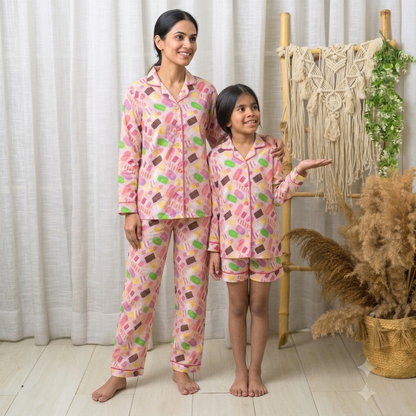 Pink Ice Cream Print Mom Twinning Cotton Night Suit Cotton Night Suit