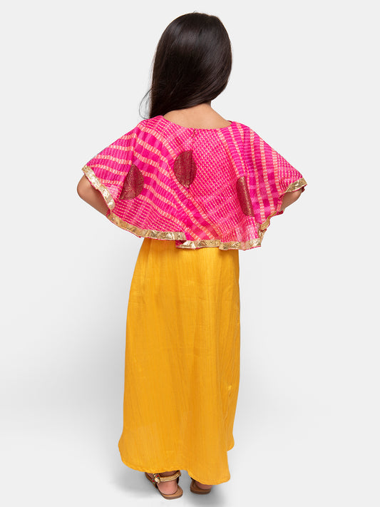 Cape Top with Dhoti Skirt-Pink and Yellow Set