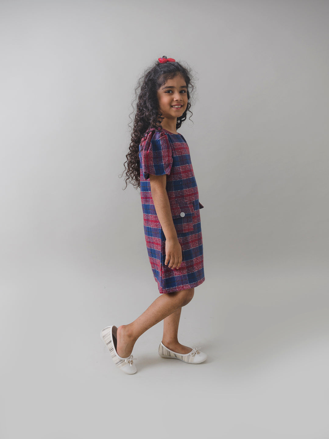 A  Line Red Plaid Dress with Pockets