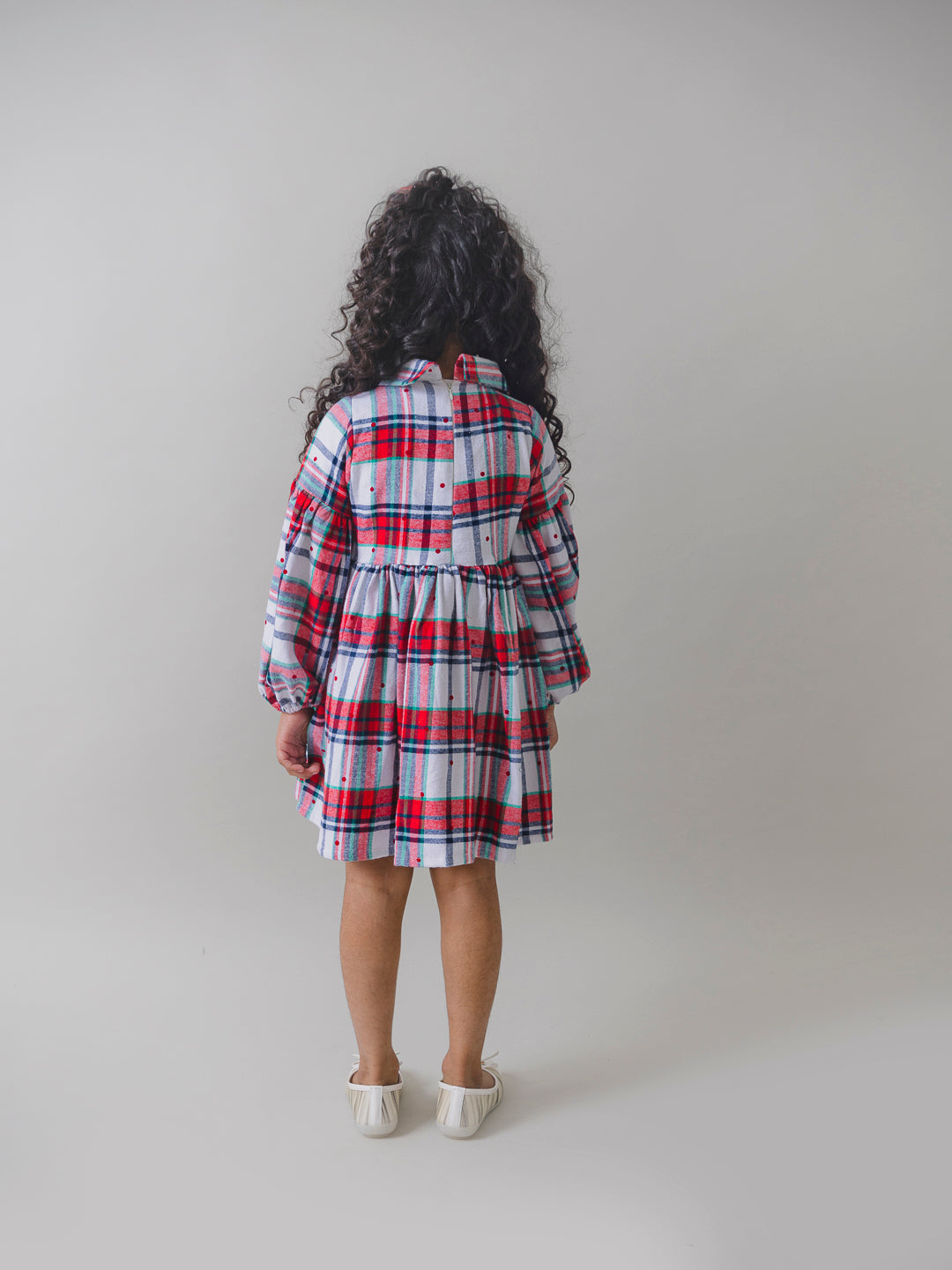 Red and White Plaid Dress with Flounced Sleeves