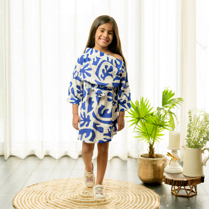 Blue And White Dress With Belt