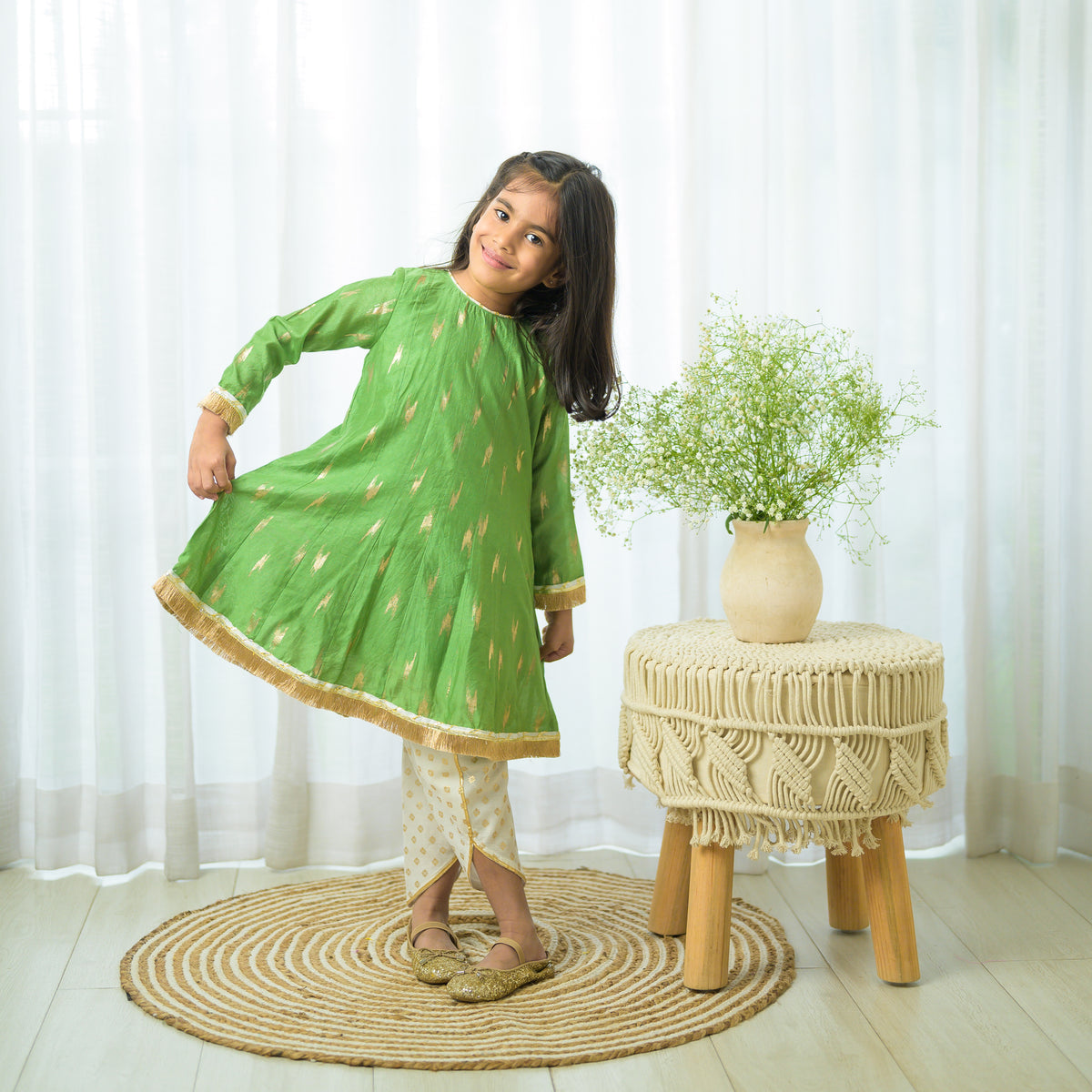 Green Chanderi Kalidar Kurta With Dhoti Pants