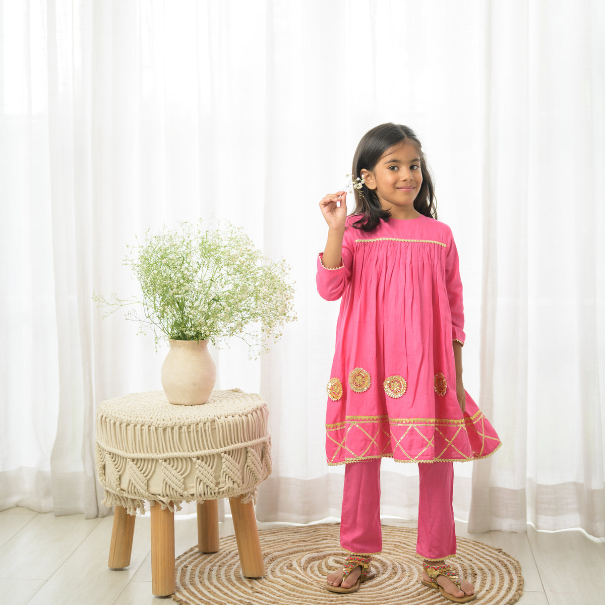 Pink Gota Flared Kurta Set