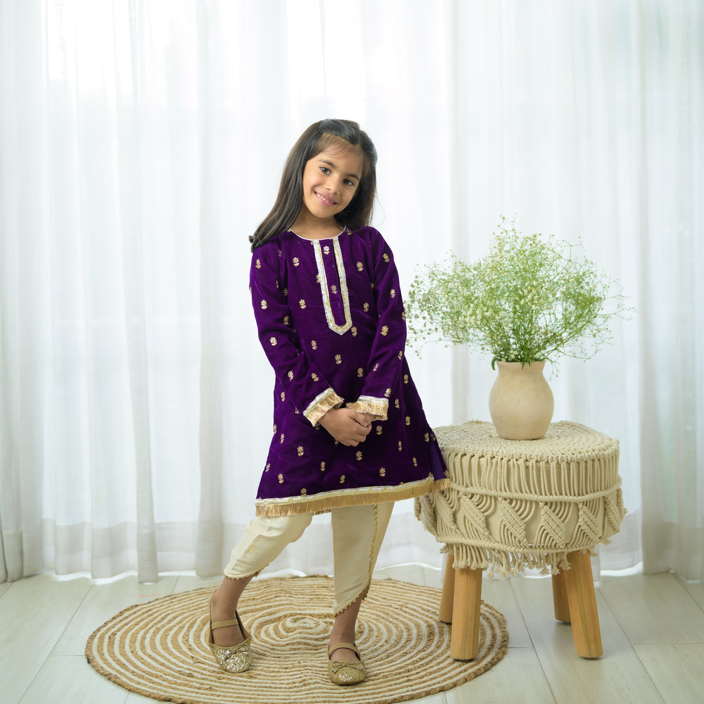 Purple Velvet Embellished Kurta With Cream Dhoti Pants
