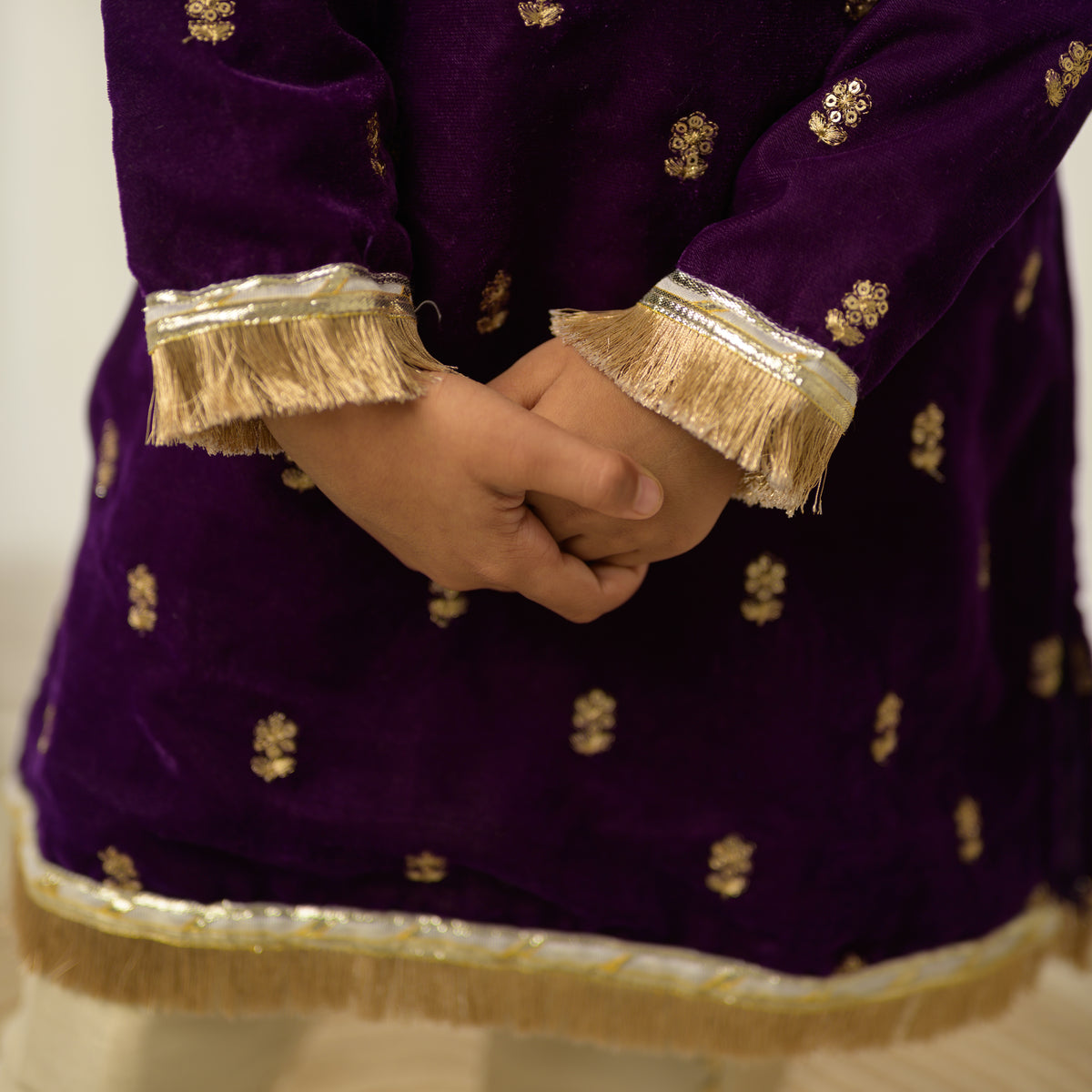 Purple Velvet Embellished Kurta With Cream Dhoti Pants