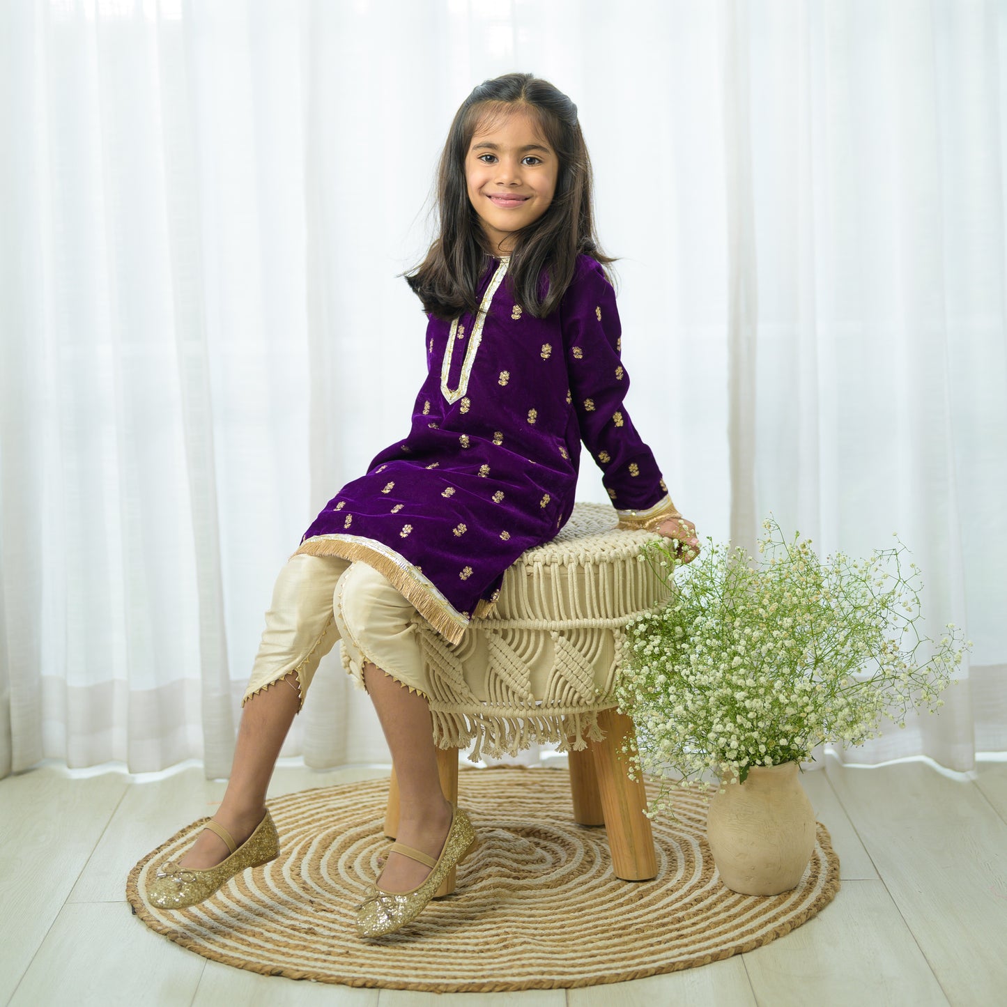 Purple Velvet Embellished Kurta With Cream Dhoti Pants