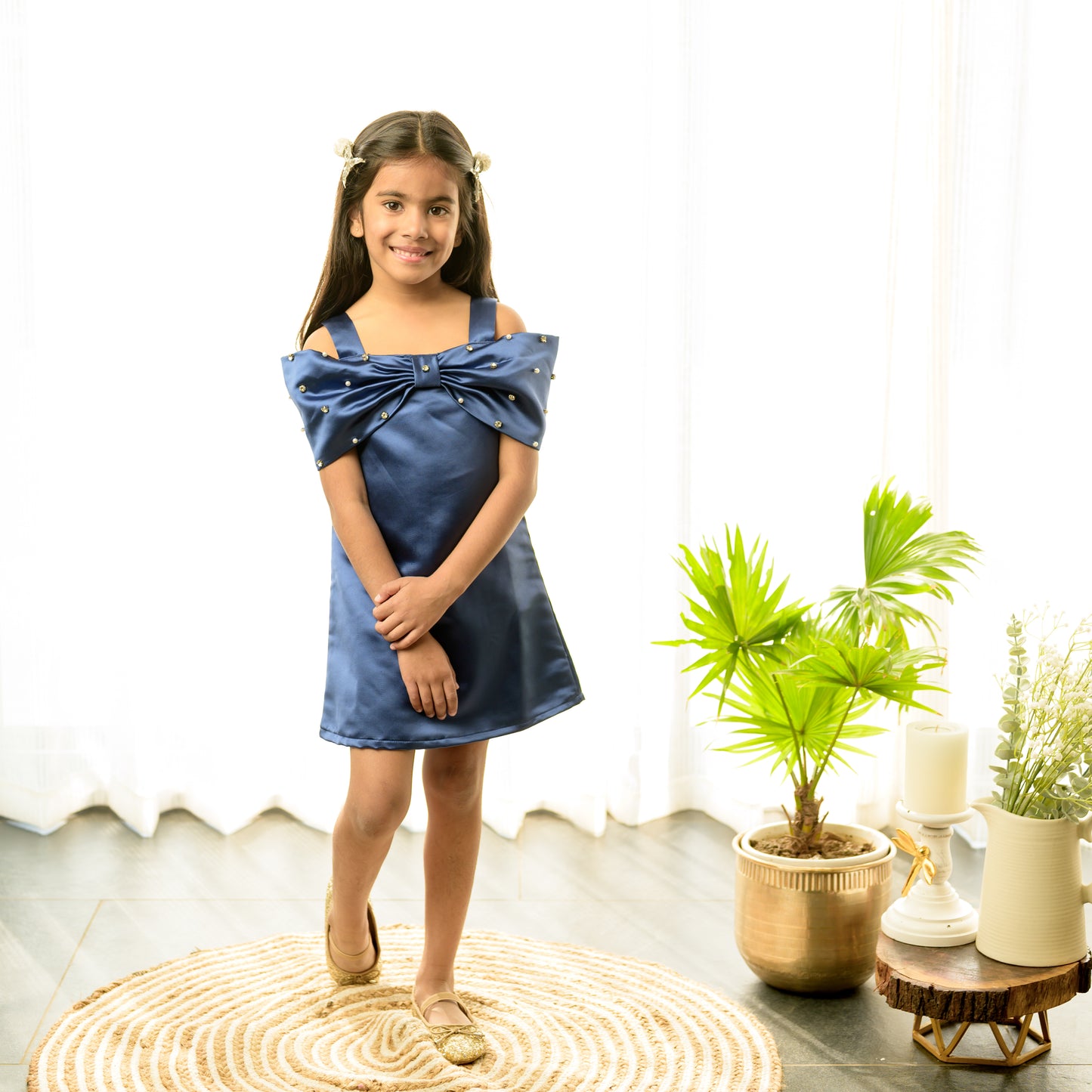Navy Blue Offshoulder Style Embellished Party Dress