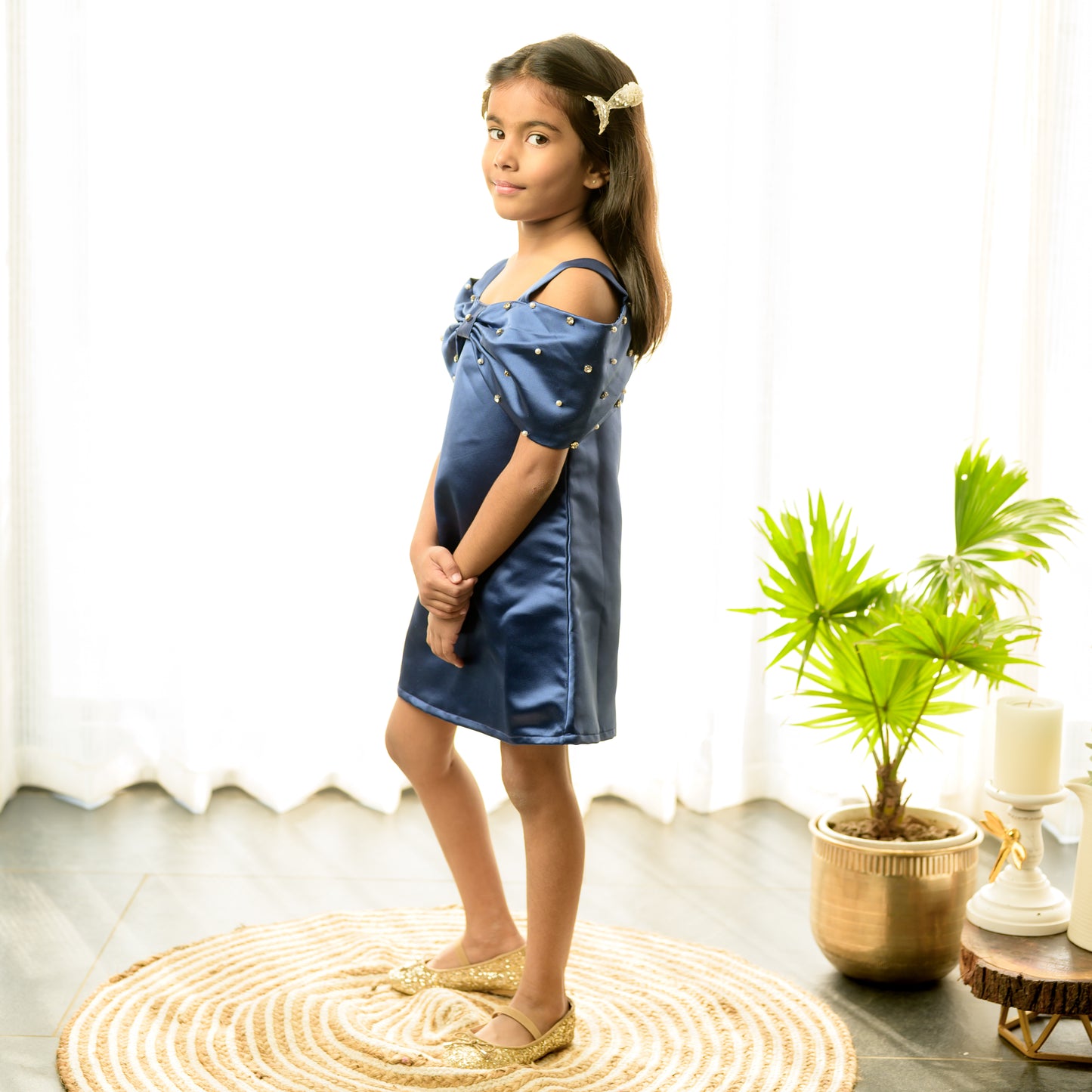 Navy Blue Offshoulder Style Embellished Party Dress