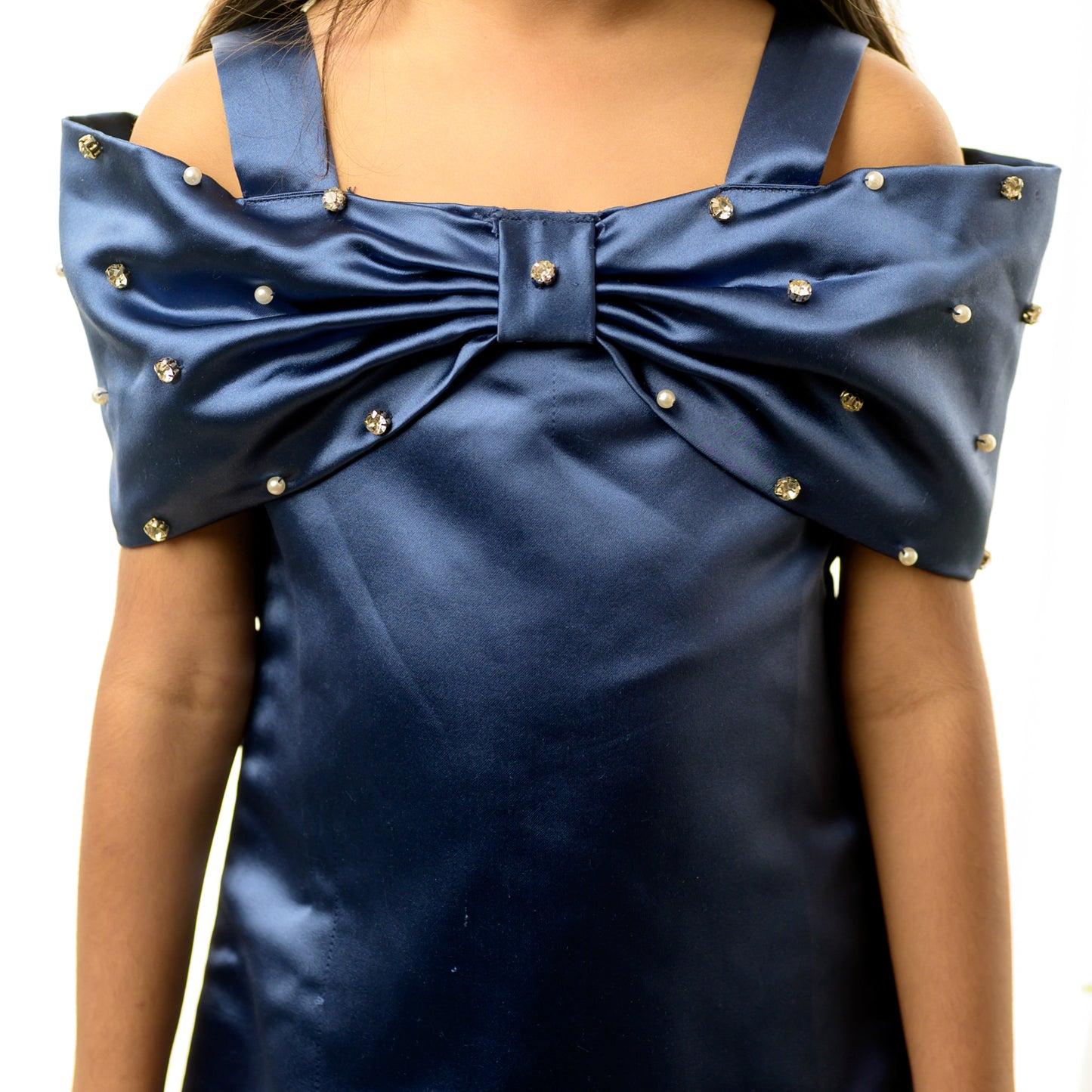 Navy Blue Offshoulder Style Embellished Party Dress
