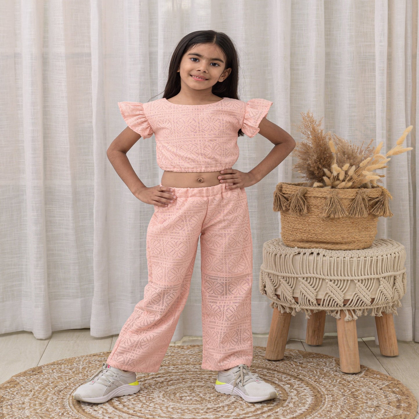 Peach crop top and pant with lace fabric