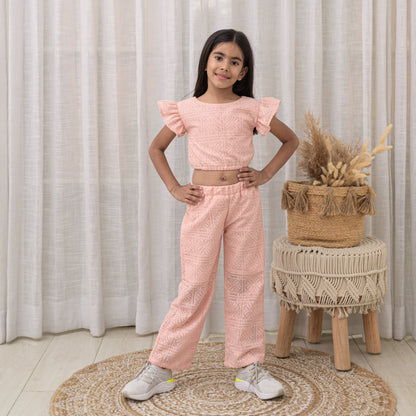 Peach crop top and pant with lace fabric