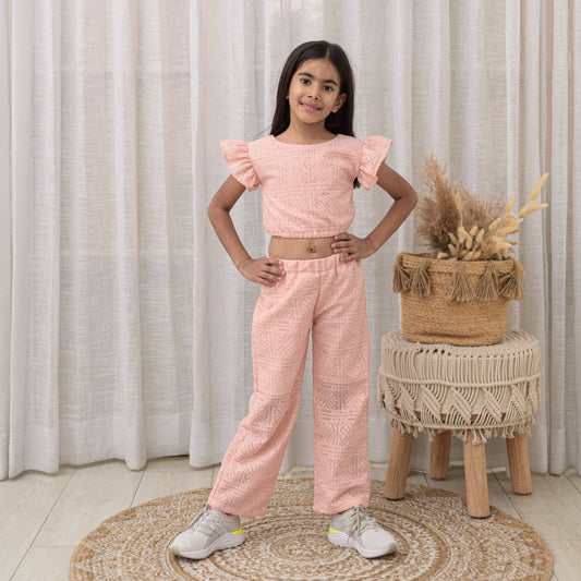 Peach crop top and pant with lace fabric