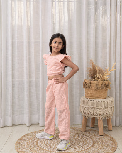 Peach crop top and pant with lace fabric