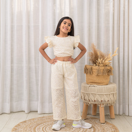 Cream crop top and pant with lace fabric