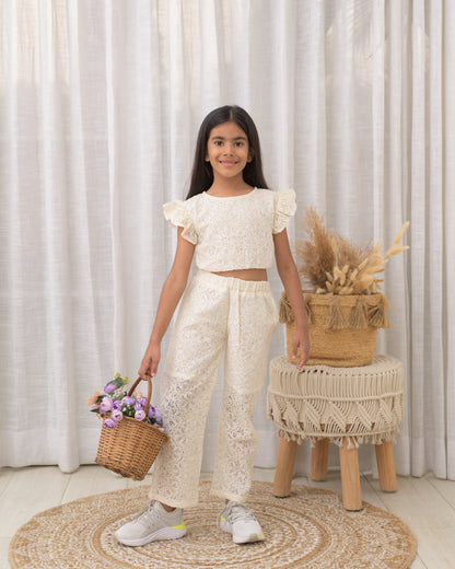 Cream crop top and pant with lace fabric