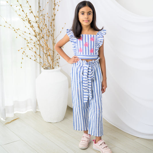 Blue Stripes Crop Top and Bottom Set