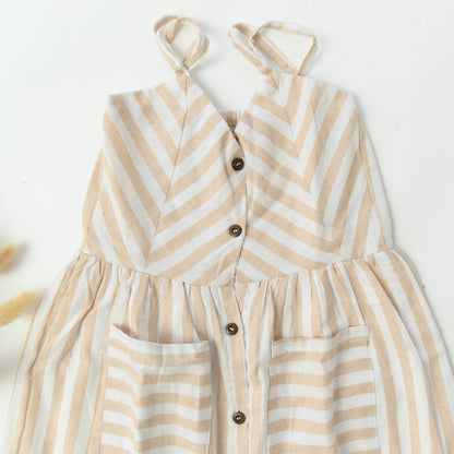 Beige & White Striped Cotton Dress for Girls